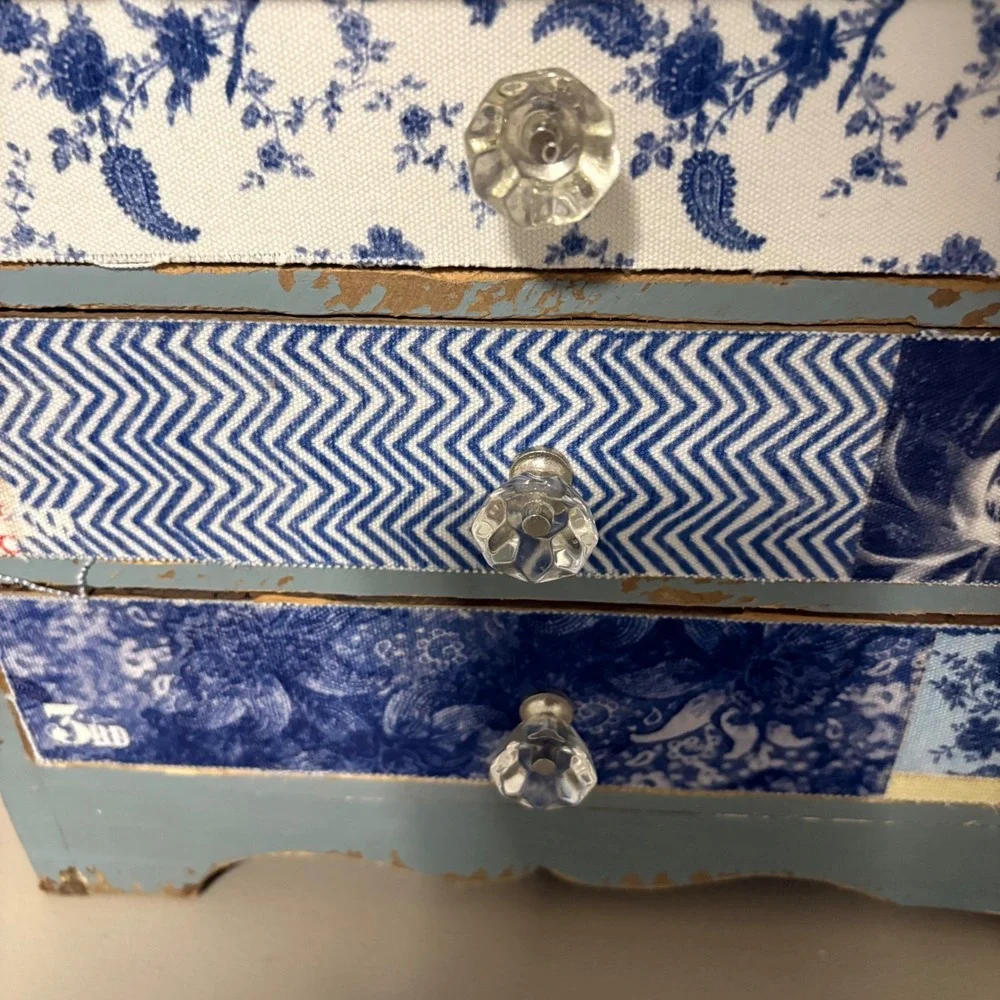 Shabby Chic Blue Distressed Mini Chest 3 Drawers Patchwork Fabric Jewelry Box